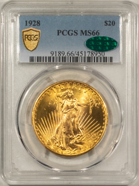 $20 1928 $20 ST GAUDENS GOLD DOUBLE EAGLE – PCGS MS-66 STUNNING, PQ, CAC APPROVED!