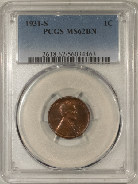 Lincoln Cents (Wheat) 1931-S LINCOLN CENT – PCGS MS-62 BN, CHOICE, KEY-DATE! PREMIUM QUALITY!