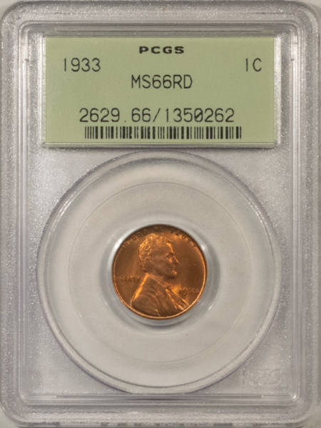 Lincoln Cents (Wheat) 1933 LINCOLN CENT – PCGS MS-66 RD, OLD GREEN HOLDER, ORIGINAL RED GEM!