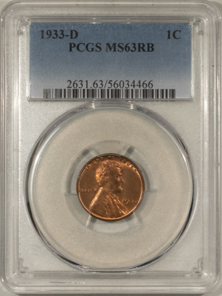 Lincoln Cents (Wheat) 1933-D LINCOLN CENT – PCGS MS-63 RB – LOTS OF RED!