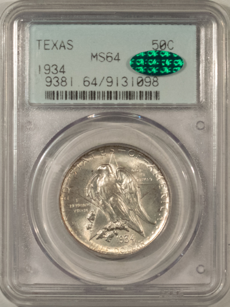 CAC Approved Coins 1934 TEXAS COMMEMORATIVE HALF DOLLAR – PCGS MS-64 CAC 2 PIECE OGH, LOOKS 66, PQ+