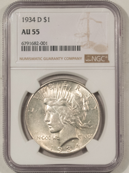 Dollars 1934-D $1 PEACE DOLLAR – NGC AU-55, NICE PLEASING!