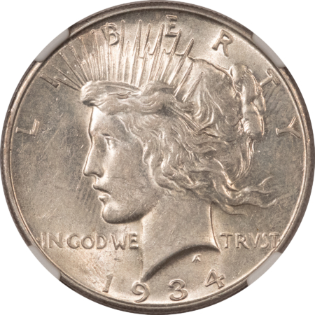 Dollars 1934-D $1 PEACE DOLLAR – NGC AU-55, NICE PLEASING!