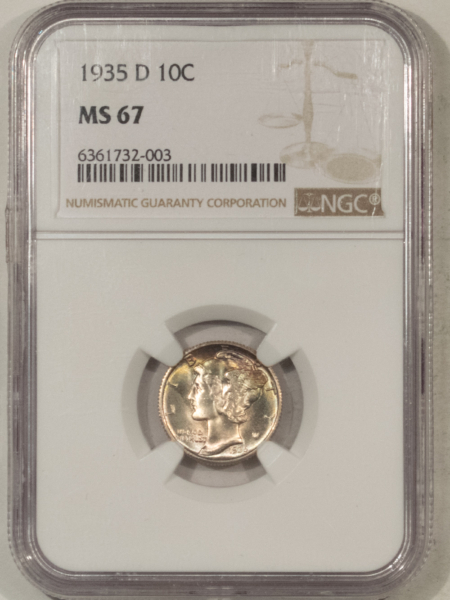 Dimes 1935-D MERCURY DIME – NGC MS-67, SUPERB, GORGEOUS! POP 9, 2 FINER!