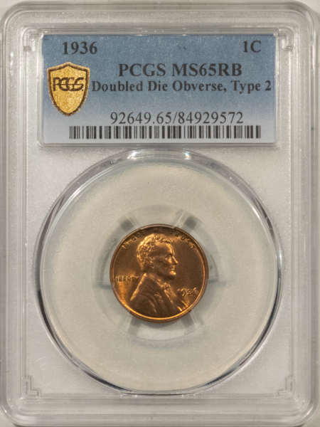 Lincoln Cents (Wheat) 1936 DOUBLED DIE OBVERSE LINCOLN CENT TYPE 2 PCGS MS-65 RB POP 3, 1 FINER! RARE!