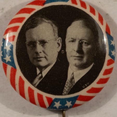 New Store Items 1936 ALF LANDON-KNOX 1 1/4″ RWB CAMPAIGN JUGATE – NEAR MINT, BRIGHT COLOR!