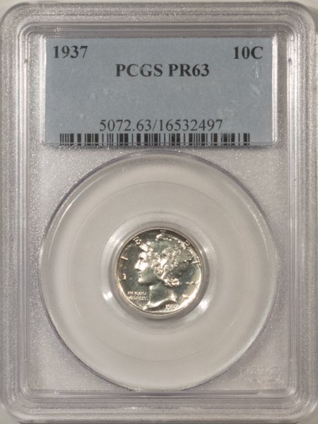 Dimes 1937 PROOF MERCURY DIME – PCGS PR-63, WHITE! TOUGH EARLY PROOF