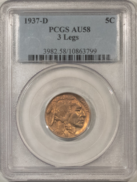 Buffalo Nickels 1937-D BUFFALO NICKEL, 3 LEGS – PCGS AU-58, ATTRACTIVE KEY-DATE!