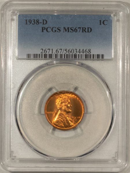 Lincoln Cents (Wheat) 1938-D LINCOLN CENT – PCGS MS-67 RD, BLAZING RED!
