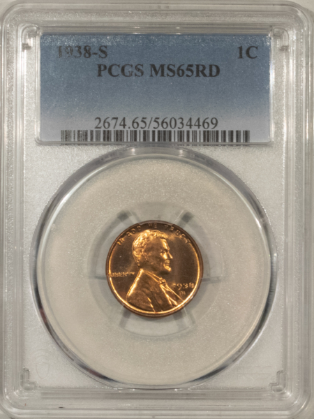 Lincoln Cents (Wheat) 1938-S LINCOLN CENT – PCGS MS-65 RD, BLAZING!