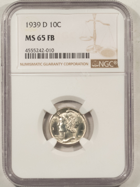 Mercury Dimes 1939-D MERCURY DIME – NGC MS-65 FB, GEM!