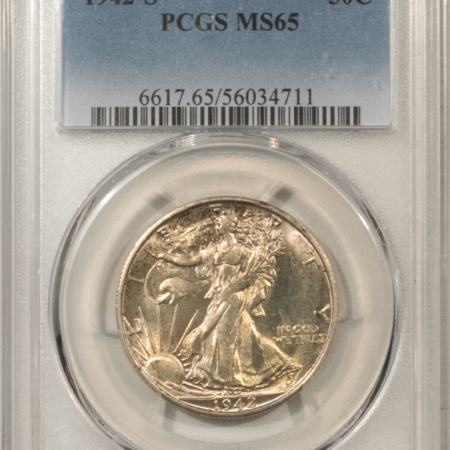 Half Dollars 1942-S WALKING LIBERTY HALF DOLLAR – PCGS MS-65, ORIGINAL GOLDEN WHITE GEM!
