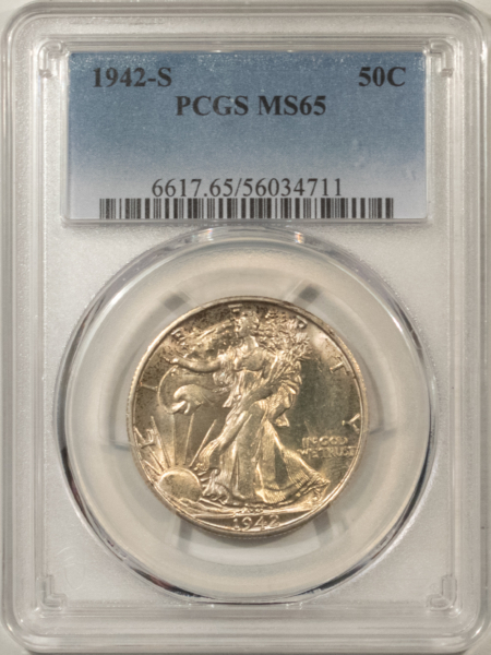 Half Dollars 1942-S WALKING LIBERTY HALF DOLLAR – PCGS MS-65, ORIGINAL GOLDEN WHITE GEM!