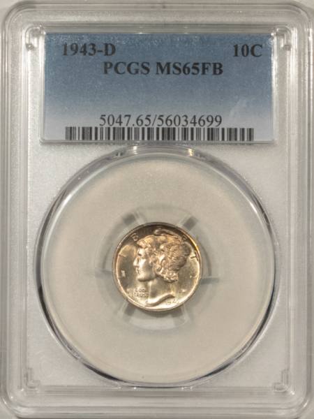 Mercury Dimes 1943-D MERCURY DIME – PCGS MS-65 FB, PRETTY GEM!