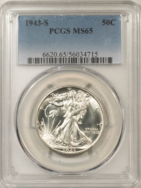Half Dollars 1943-S WALKING LIBERTY HALF DOLLAR – PCGS MS-65, BLAZING WHITE GEM!