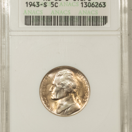 Jefferson Nickels 1943-S JEFFERSON NICKEL, 5 STEPS – ANACS MS-66, LUSTROUS & PREMIUM QUALITY!