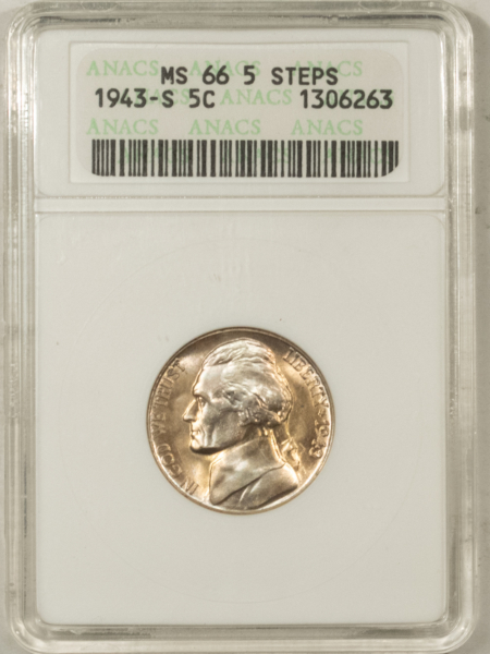 Jefferson Nickels 1943-S JEFFERSON NICKEL, 5 STEPS – ANACS MS-66, LUSTROUS & PREMIUM QUALITY!