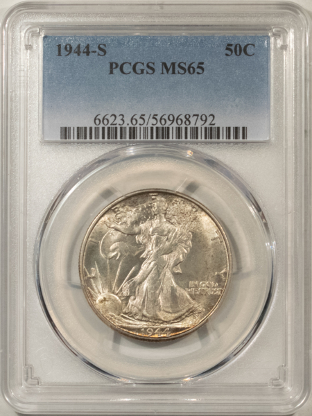 Half Dollars 1944-S WALKING LIBERTY HALF DOLLAR – PCGS MS-65, CLEAN SURFACE! ORIG WHITE GEM!