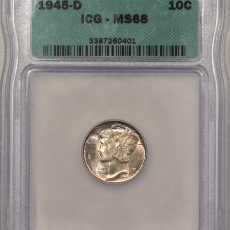 Dimes 1945-D MERCURY DIME – ICG MS-68, OLD ICG HOLDER, LOVELY!