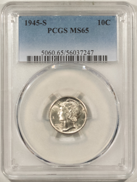 Mercury Dimes 1945-S MERCURY DIME – PCGS MS-65, PREMIUM QUALITY++!