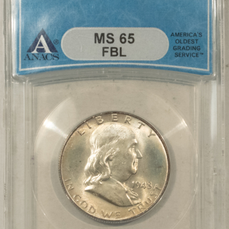 Franklin Halves 1948 FRANKLIN HALF DOLLAR – ANACS MS-65 FBL, PRETTY!