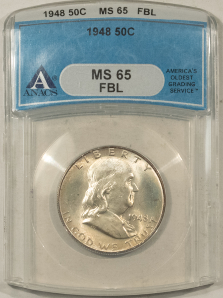 Franklin Halves 1948 FRANKLIN HALF DOLLAR – ANACS MS-65 FBL, PRETTY!