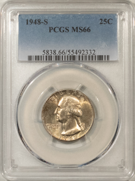 New Certified Coins 1948-S WASHINGTON QUARTER – PCGS MS-66, ORIGINAL MINT SET TONING!