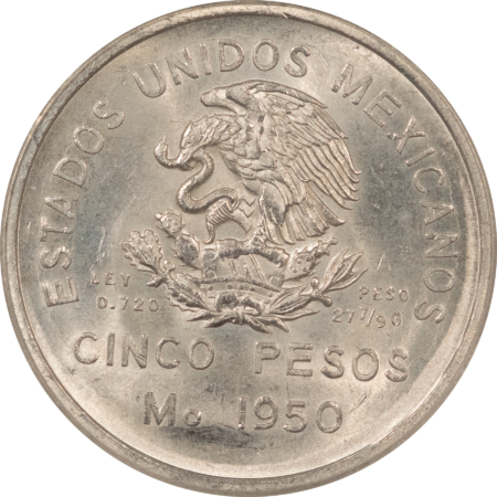 New Store Items 1950 MEXICO RAILROAD SILVER 5 PESO, KM #466 – ICG MS-64, FRESH WHITE & TOUGH!