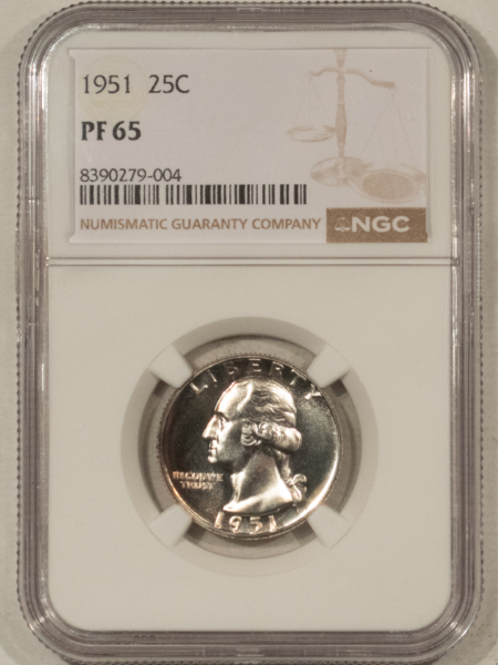 New Certified Coins 1951 PROOF WASHINGTON QUARTER – NGC PF-65, WHITE GEM PROOF!