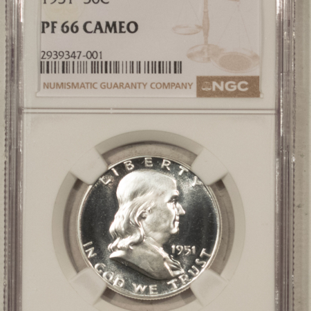 Franklin Halves 1951 PROOF FRANKLIN HALF DOLLAR – NGC PF-66 CAMEO, BLACK & WHITE, GREAT LOOK!