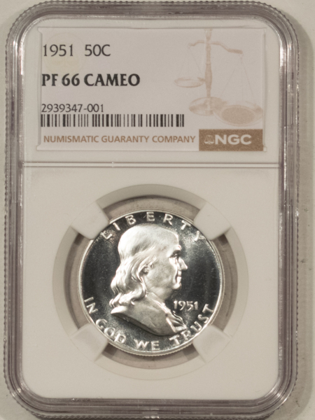 Franklin Halves 1951 PROOF FRANKLIN HALF DOLLAR – NGC PF-66 CAMEO, BLACK & WHITE, GREAT LOOK!