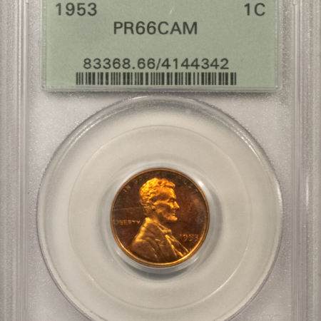 Lincoln Cents (Wheat) 1953 PROOF LINCOLN CENT – PCGS PR-66 CAM, OLD GREEN HOLDER! RED CAMEO!