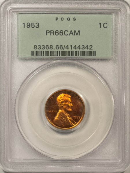 Lincoln Cents (Wheat) 1953 PROOF LINCOLN CENT – PCGS PR-66 CAM, OLD GREEN HOLDER! RED CAMEO!