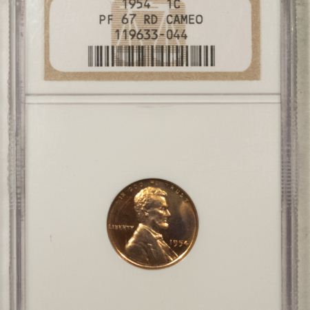 Lincoln Cents (Wheat) 1954 PROOF LINCOLN CENT – NGC PF-67 RD CAMEO, SUPERB RED!