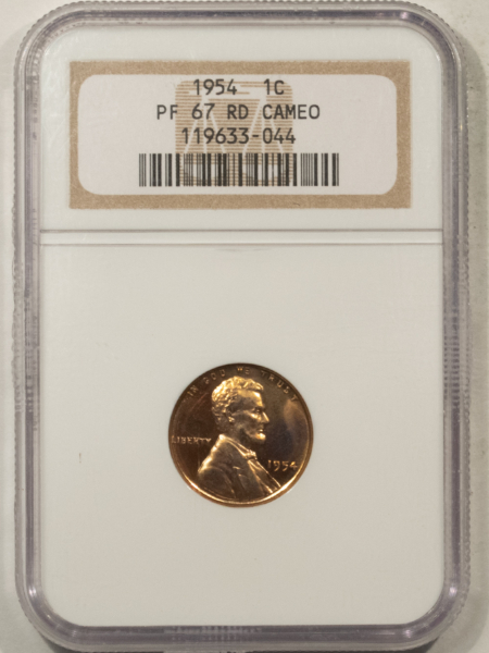 Lincoln Cents (Wheat) 1954 PROOF LINCOLN CENT – NGC PF-67 RD CAMEO, SUPERB RED!