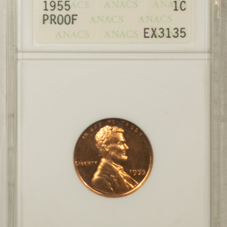 Lincoln Cents (Wheat) 1955 PROOF LINCOLN CENT – ANACS PR-66 CAMEO, RED & PQ! OLD WHITE ANACS HOLDER