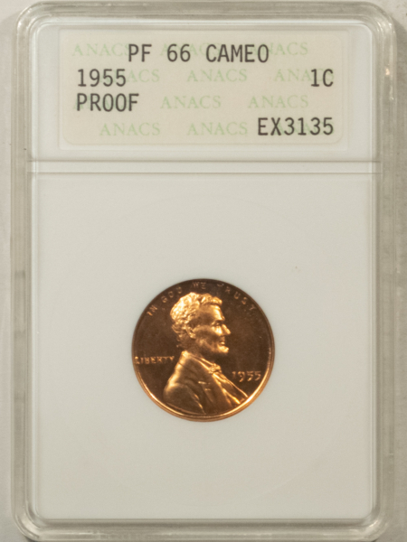 Lincoln Cents (Wheat) 1955 PROOF LINCOLN CENT – ANACS PR-66 CAMEO, RED & PQ! OLD WHITE ANACS HOLDER