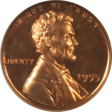 Lincoln Cents (Wheat) 1955 PROOF LINCOLN CENT – ANACS PR-66 CAMEO, RED & PQ! OLD WHITE ANACS HOLDER
