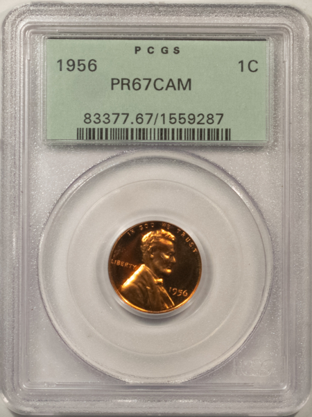 Lincoln Cents (Wheat) 1956 PROOF LINCOLN CENT – PCGS PR-67 CAM, OLD GREEN HOLDER, FULL RED CAMEO!