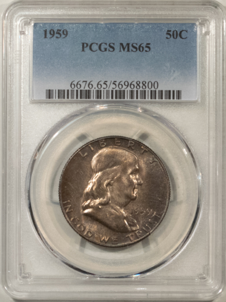 Franklin Halves 1959 FRANKLIN HALF DOLLAR – PCGS MS-65, PRETTY & PREMIUM QUALITY, LOOKS 66+!