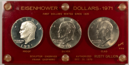 Eisenhower Dollars 1971 EISENHOWER DOLLAR 3 COIN SET, BU, SILVER BU, SILVER PROOF IN CUSTOM HOLDER