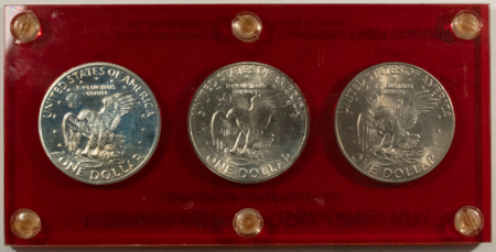 Eisenhower Dollars 1971 EISENHOWER DOLLAR 3 COIN SET, BU, SILVER BU, SILVER PROOF IN CUSTOM HOLDER