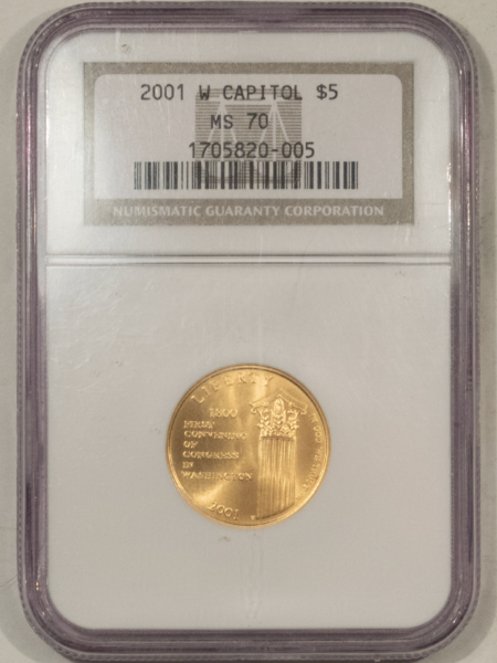 Modern Gold Commems 2001-W $5 CAPITOL VISITOR GOLD COMMEMORATIVE – NGC MS-70, PERFECT!