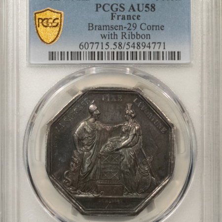 FRANCE JETON, AN VIII BRAMSEN-29 CORNE WITH RIBBON, 36mm SILVER, PCGS AU-58