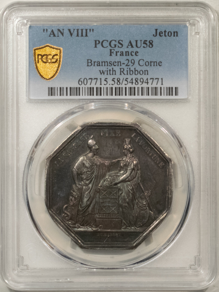 FRANCE JETON, AN VIII BRAMSEN-29 CORNE WITH RIBBON, 36mm SILVER, PCGS AU-58