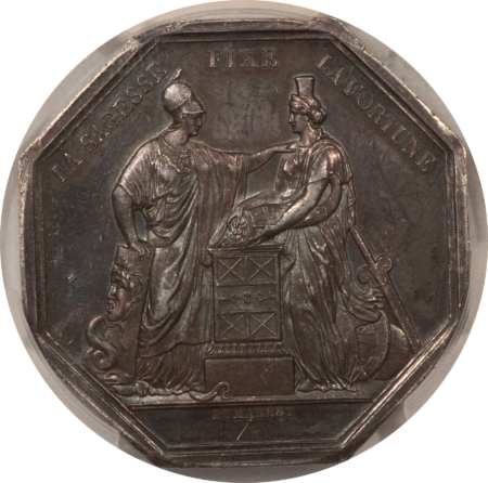 FRANCE JETON, AN VIII BRAMSEN-29 CORNE WITH RIBBON, 36mm SILVER, PCGS AU-58