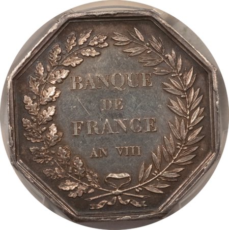 FRANCE JETON, AN VIII BRAMSEN-29 CORNE WITH RIBBON, 36mm SILVER, PCGS AU-58