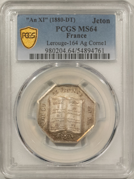 Exonumia FRANCE JETON, AN XI 1880-DT LEROUGE-164 AG CORNE 1, 27mm SILVER OCT. PCGS MS-64