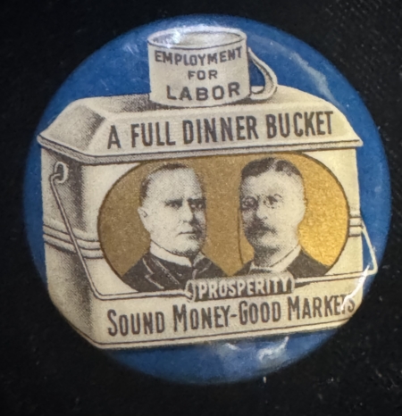 Political 1900 McKINLEY-ROOSEVELT 1 1/4″ CLASSIC DINNER BUCKET JUGATE, BRIGHT & NEAR-MINT!