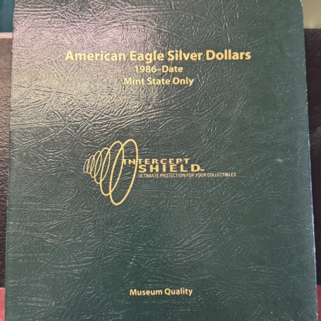 Early Commems INTERCEPT SHIELD A-161 AMERICAN EAGLE SILVER DOLLARS ALBUM 1986-2012 W/ SLIPCASE